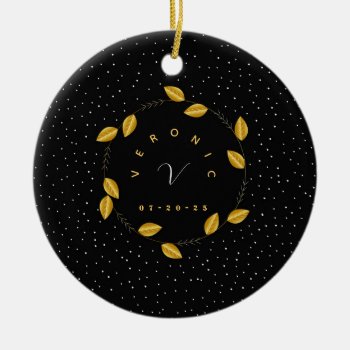 Wreath Of Golden Leaves Dotty Monogram Wedding Ceramic Ornament by Pick_Up_Me at Zazzle
