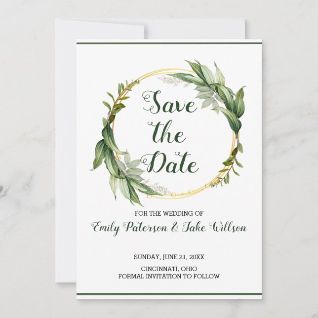 Wreath of Green Leaves Save The Date (Front)