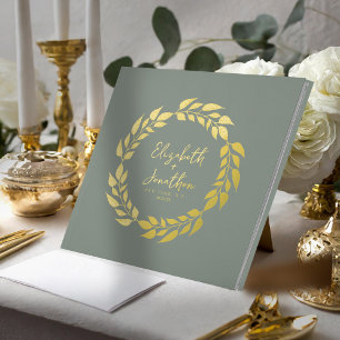Wreath of Leaves Wedding Sage Green Gold ID1056 Foil Guest Book