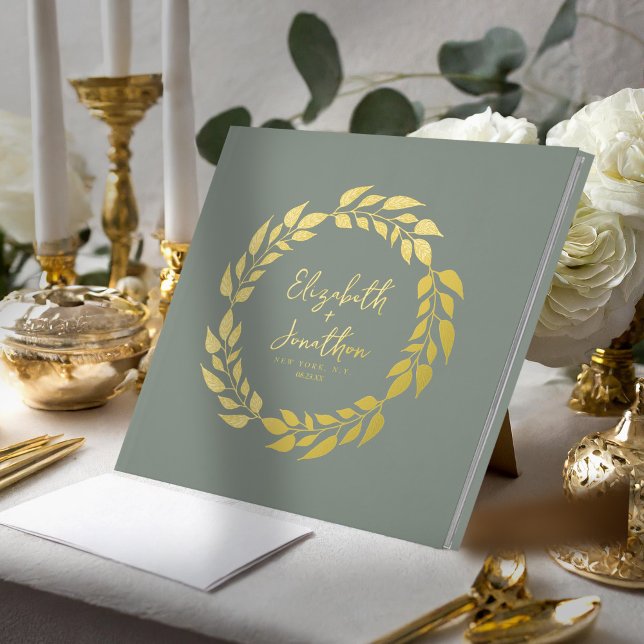 Wreath of Leaves Wedding Sage Green Gold ID1056 Foil Guest Book (Creator Uploaded)