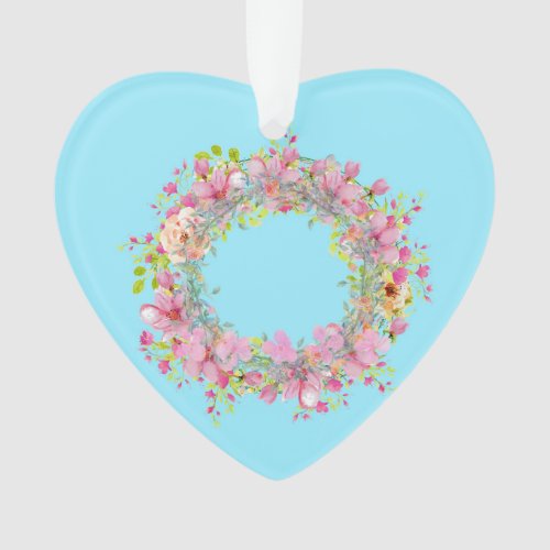 Wreath of Pink Flowers on Blue Acrylic Heart  Ornament