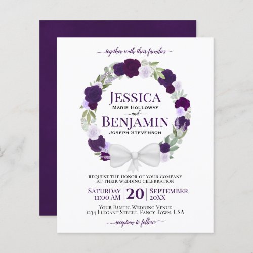 Wreath of Purple Roses BUDGET Wedding Invitation
