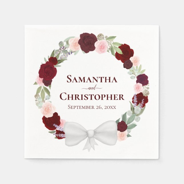 Wreath of Roses Burgundy Red & Pink Wedding Napkins (Front)