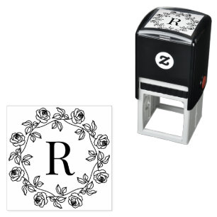 Wreath of Roses Center Single Initial Monogram Self-inking Stamp