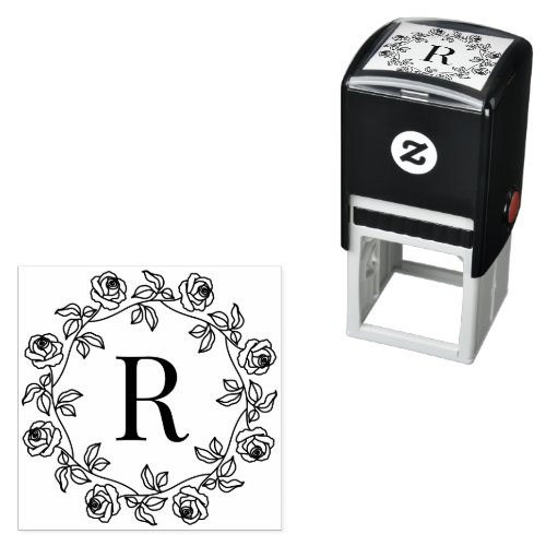 Wreath of Roses Center Single Initial Monogram Self_inking Stamp