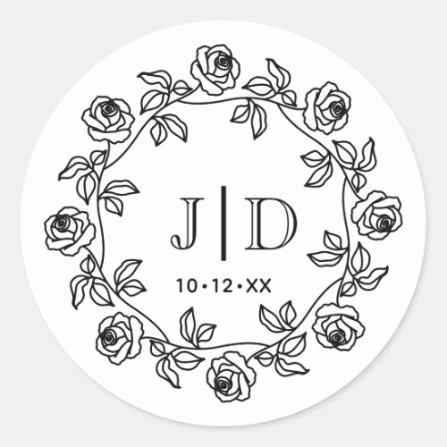 Wreath of Roses Two Initial Wedding Monogram CO2 Classic Round Sticker