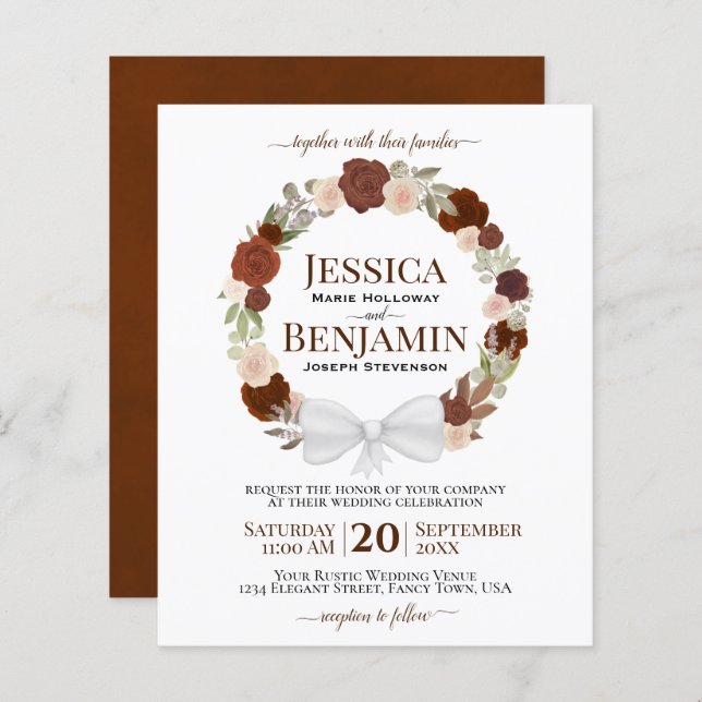Wreath of Rust Orange Roses BUDGET Wedding Invite (Front/Back)