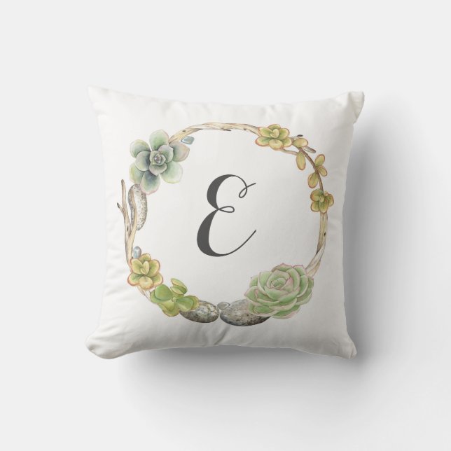 Wreath of Succulents, Twigs and Stones | Monogram Throw Pillow (Front)