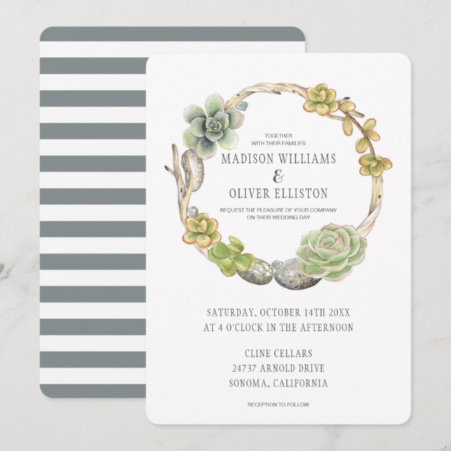 Wreath of Succulents, Twigs and Stones | Wedding Invitation (Front/Back)