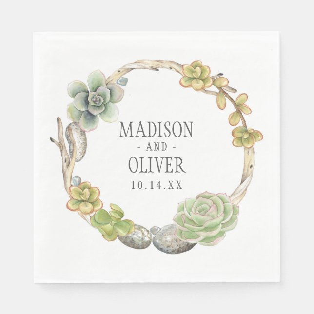 Wreath of Succulents, Twigs and Stones | Wedding Napkins (Front)