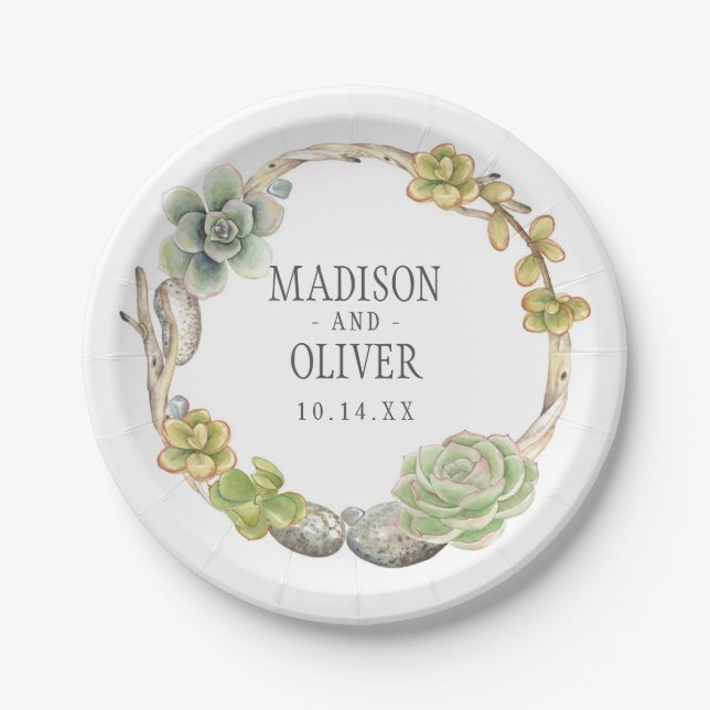 Wreath of Succulents, Twigs and Stones | Wedding Paper Plates (Front)