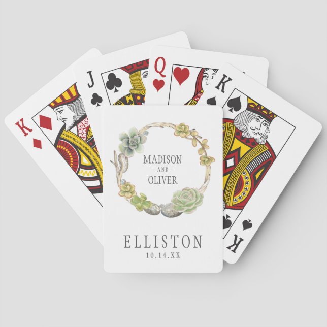 Wreath of Succulents, Twigs and Stones | Wedding Poker Cards (Back)
