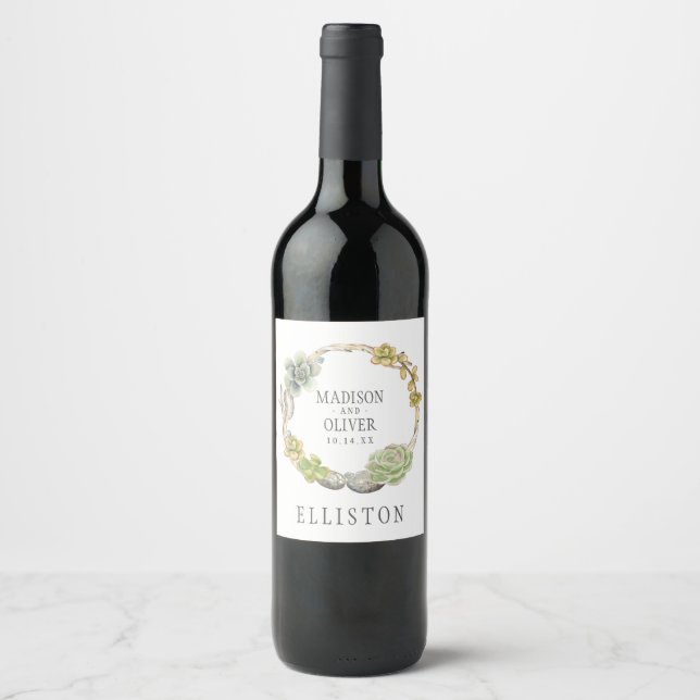 Wreath of Succulents, Twigs and Stones | Wedding Wine Label (Front)