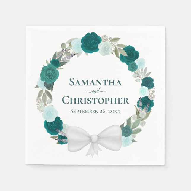 Wreath of Teal Aqua and Turquoise Roses Wedding  Napkins (Front)