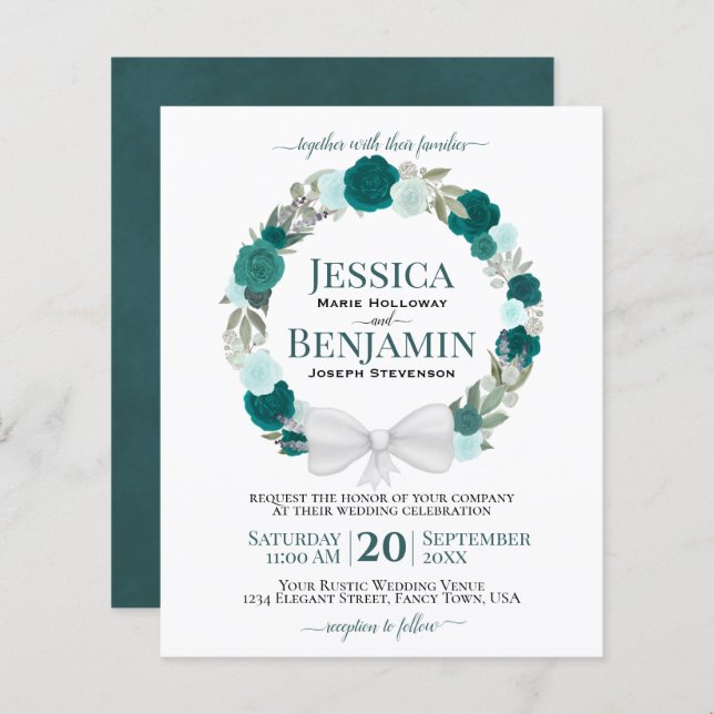 Wreath of Teal Roses Elegant BUDGET Wedding Invite (Front/Back)