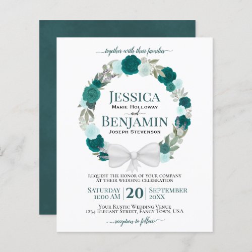 Wreath of Teal Roses Elegant BUDGET Wedding Invite