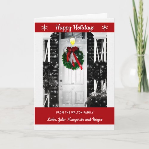 Wreath on the Door with Name Holiday Card