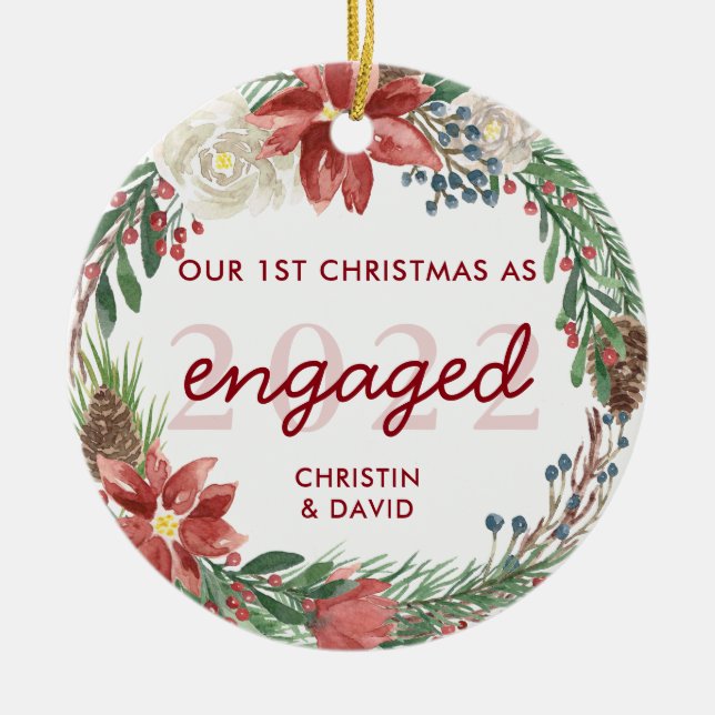 Wreath Our First Christmas As Engaged Photo Ceramic Ornament (Front)