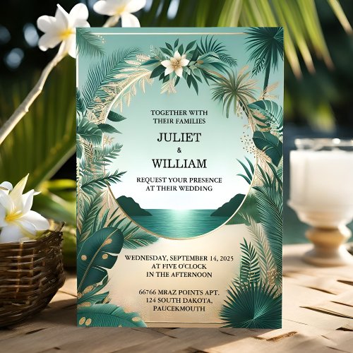 Wreath Palm Tree Beach Green And Gold Wedding Invitation