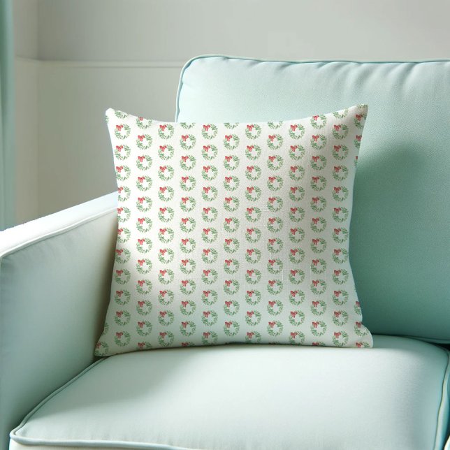 Wreath Pattern Throw Pillow (Christmas throw pillow watercolor red and green wreath patter by Victoria Grigaliunas VG Invites)