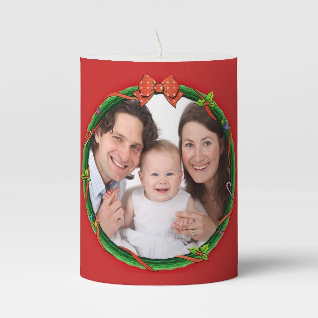 Wreath Photo Family Name Christmas 20XX Red Pillar Candle (Front)