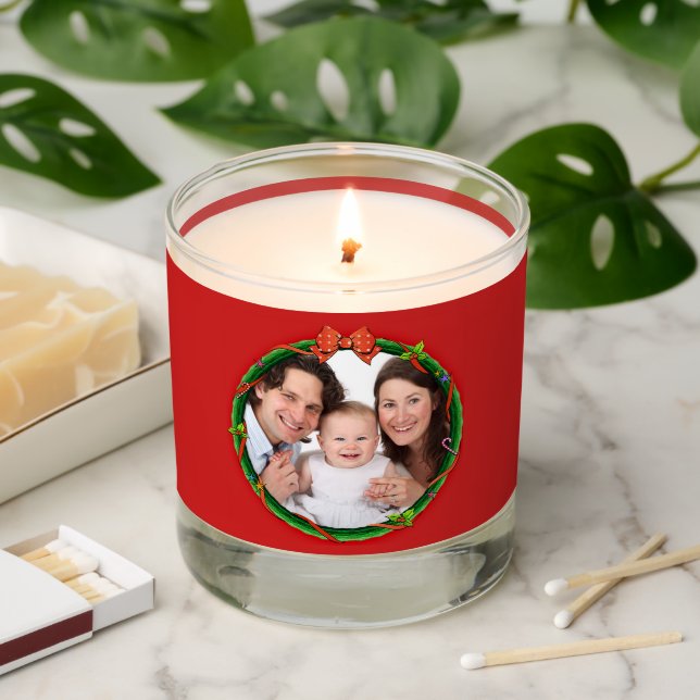 Wreath Photo Family Name Christmas 20XX Red Scented Candle (Lit)