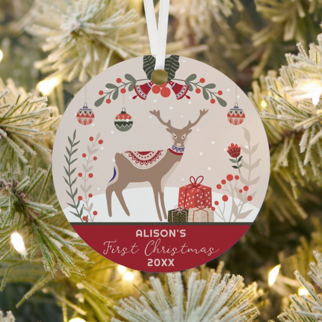 Wreath Photo Personalized Baby's First Christmas  Metal Ornament (Insitu)