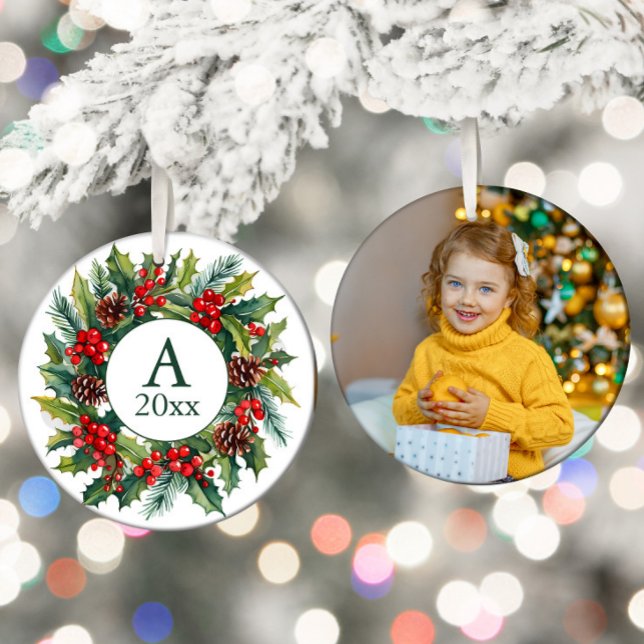 Wreath Pinecones Berries Photo Monogram Year  Ceramic Ornament (Christmas wreath/monogram photo Christmas ornament)