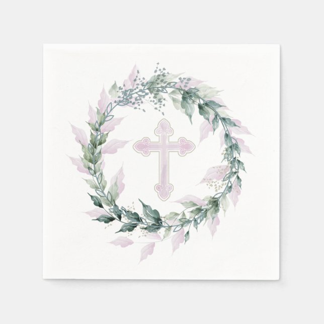 Wreath & Pink Cross Communion Baptism Christening Napkins (Front)