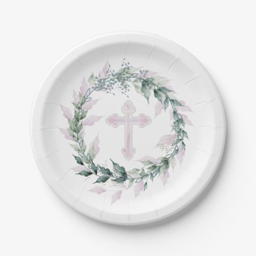 Wreath  Pink Cross Communion Baptism Christening Paper Plates