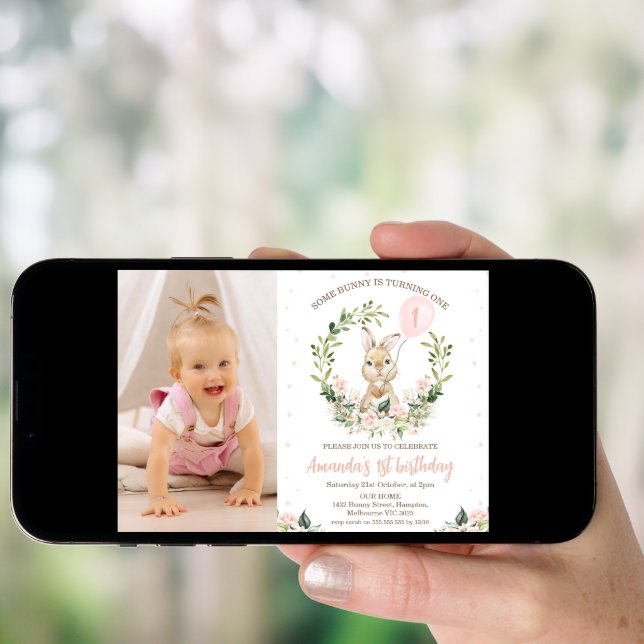 Wreath Pink Floral Photo Some Bunny 1st Birthday  Invitation (Front Digital)