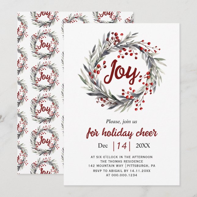 Wreath, red berries and leaves Joy Christmas party Invitation (Front/Back)