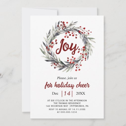 Wreath, red berries and leaves Joy Christmas party Invitation | Zazzle