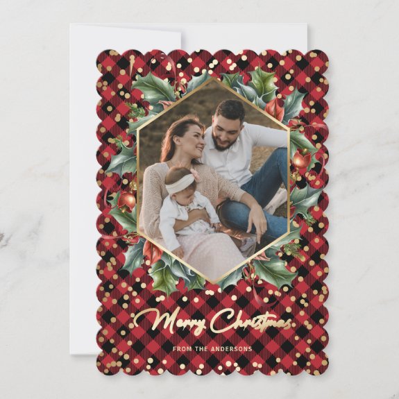 Wreath Red Buffalo Plaid Photo Christmas Card