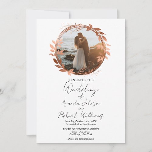 Wreath Rose Gold Foil Calligraphy Photo Wedding Invitation