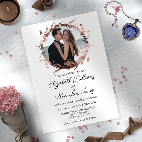 Wreath Rose Gold Foil Photo Calligraphy Wedding Invitation