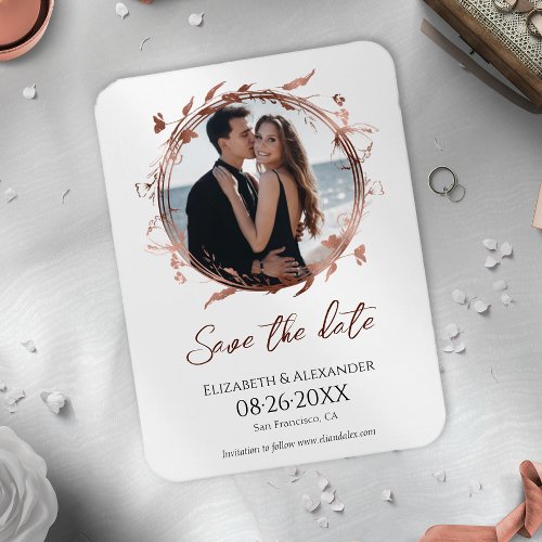 Wreath Rose Gold Foil Photo Save The Date Magnet