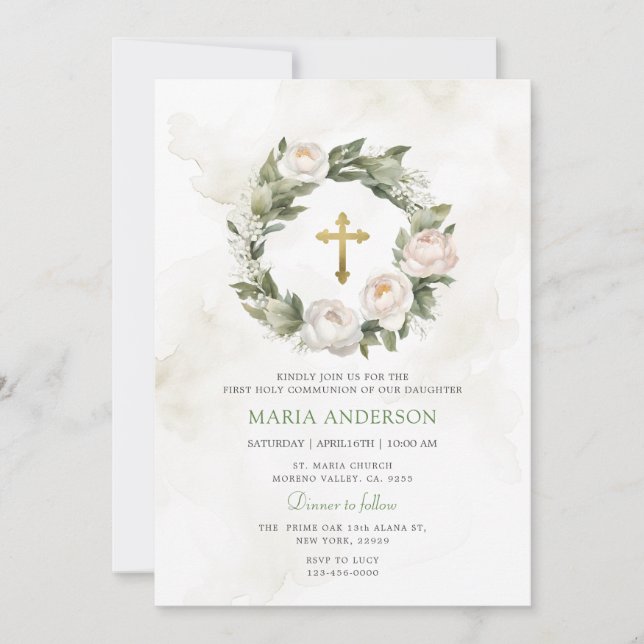 Wreath Roses Greenery First Holy Communion  Invitation (Front)