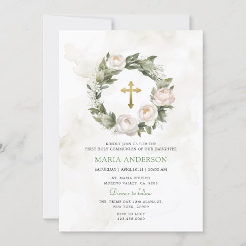 Wreath Roses Greenery First Holy Communion  Invitation