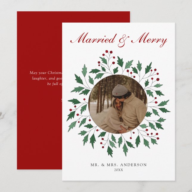 Wreath Script Married & Merry Newlywed Photo Holiday Card (Front/Back)