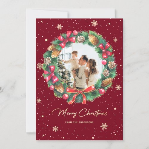 Wreath Snowy Gold Red Photo Christmas Holiday Card