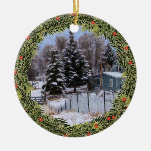 Wreath Snowy Ranch House Ceramic Ornament
