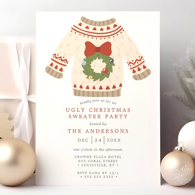 Wreath Tacky Ugly Christmas Sweater Party Invitation (Creator Uploaded)