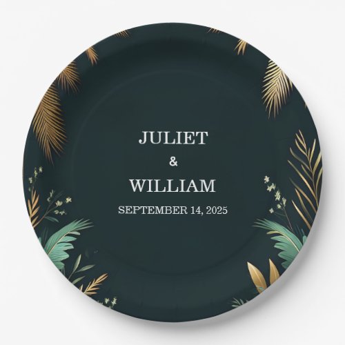 Wreath Teal Palm Beach Green And Gold Wedding Paper Plates
