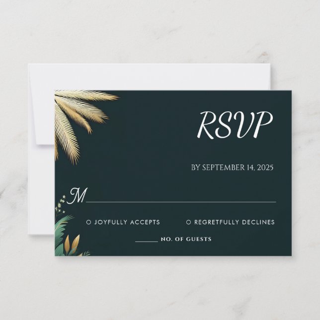Wreath Teal Palm Beach Green And Gold Wedding RSVP Card (Front)