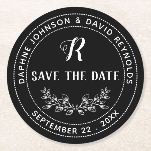 Wreath Vintage Monogram Black Save the Date Round Paper Coaster