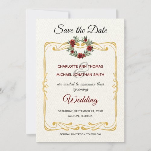 Wreath w Gold Frame Flat Save the Date Card