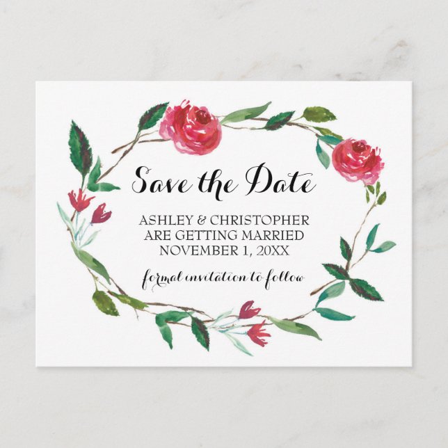 Wreath Wedding Save The Date - boho burgundy roses Announcement Postcard (Front)