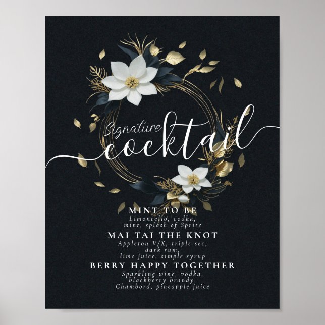 Wreath Wedding Signature Cocktails Drinks Menu Poster (Front)