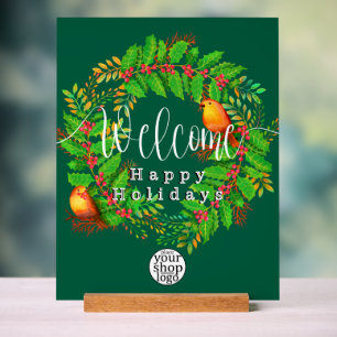 Wreath Welcome Happy Holidays Acrylic Sign